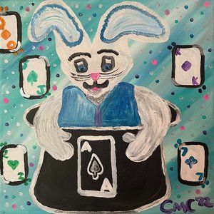 Original 14x14 Canvas Painting - Rabbit in Hat